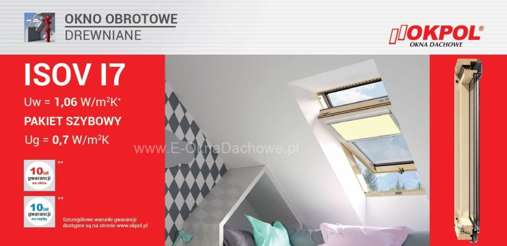 Trzyszybowe, drewniane okno dachowe OKPOL ISOV I7
