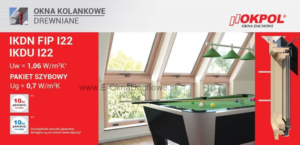 Trzyszybowe, uchylne, drewniane okno kolankowe OKPOL IKDU  I22