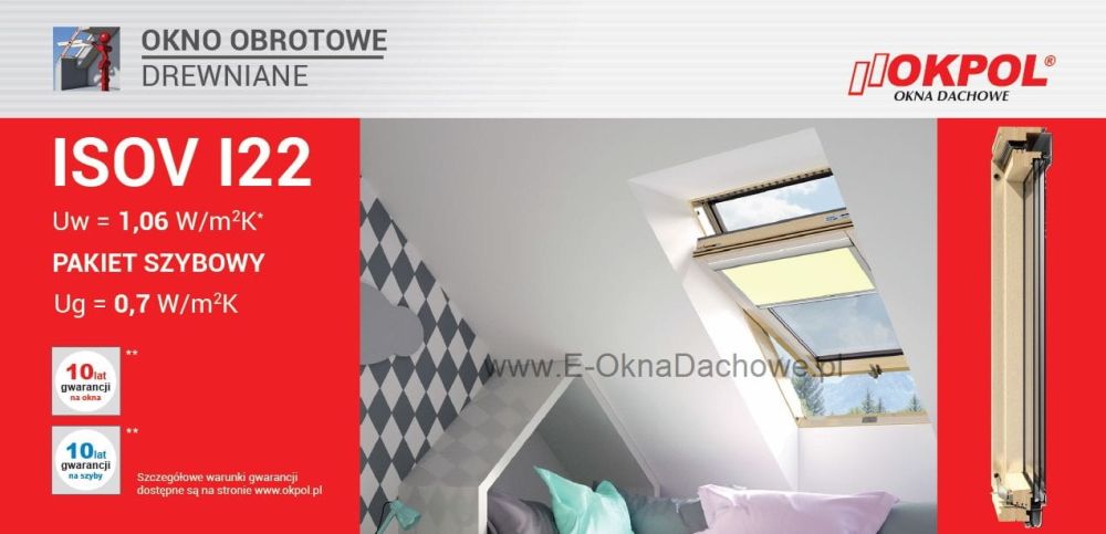Trzyszybowe okno dachowe z drewna OKPOL ISOV I22