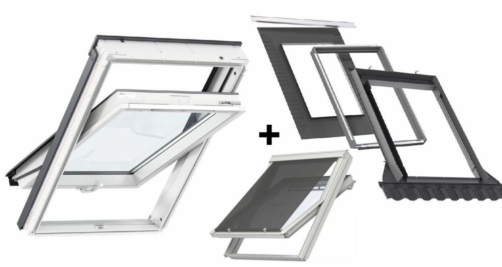 Pakiet: Okno VELUX GLU 1061B MK06 78x118 + kołnierz EDW 2000 MK06 78x118 z ramą izolacyjną BDX + markiza zewnętrzna VELUX MHL 5060.