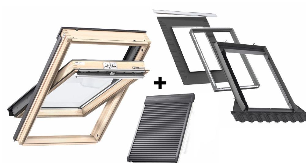 Pakiet: Okno VELUX GLL 1061 MK08 78x140 + kołnierz EDW 2000 z BDX + roleta elektryczna SML