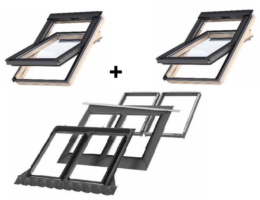 Zestaw: 2 x okno VELUX GLL 1061B MK08 78x140 + kołnierz podwójny EKW 2021M MK08 78x140 z ramą izolacyjną BDX